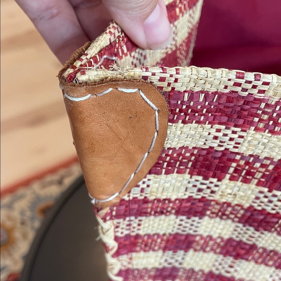 OOAK Gingham raffia and genuine leather giant Red and Tan Checkered Tote Bag - Picture 3 of 13